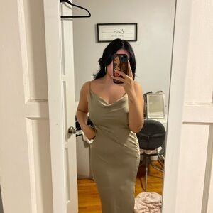 Satin Cowl Neck Slip Dress in Olive